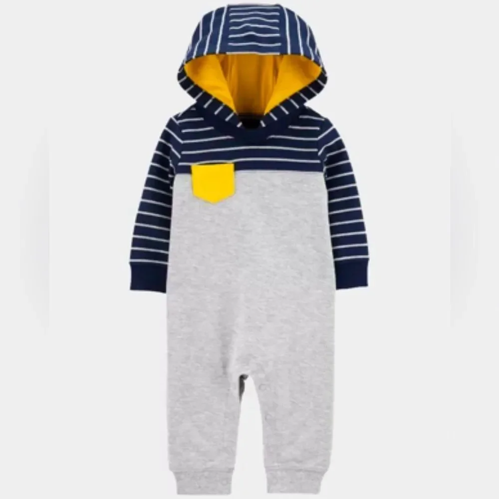 Carter’s Baby Boy Striped Blue Gray Hooded Cotton Coverall One Piece. 12 Months.